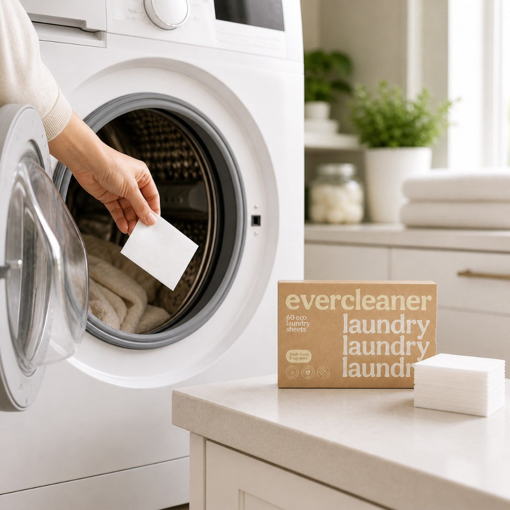 Person placing an Evercleaner laundry detergent sheet into a washing machine.
